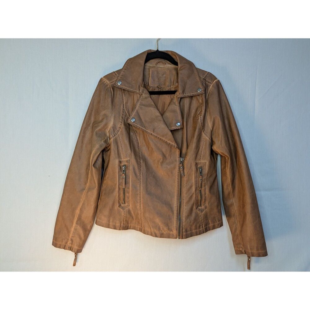 Max Studio Women’s Brown Genuine Leather Moto Jacket Large Asymmetrical Zip